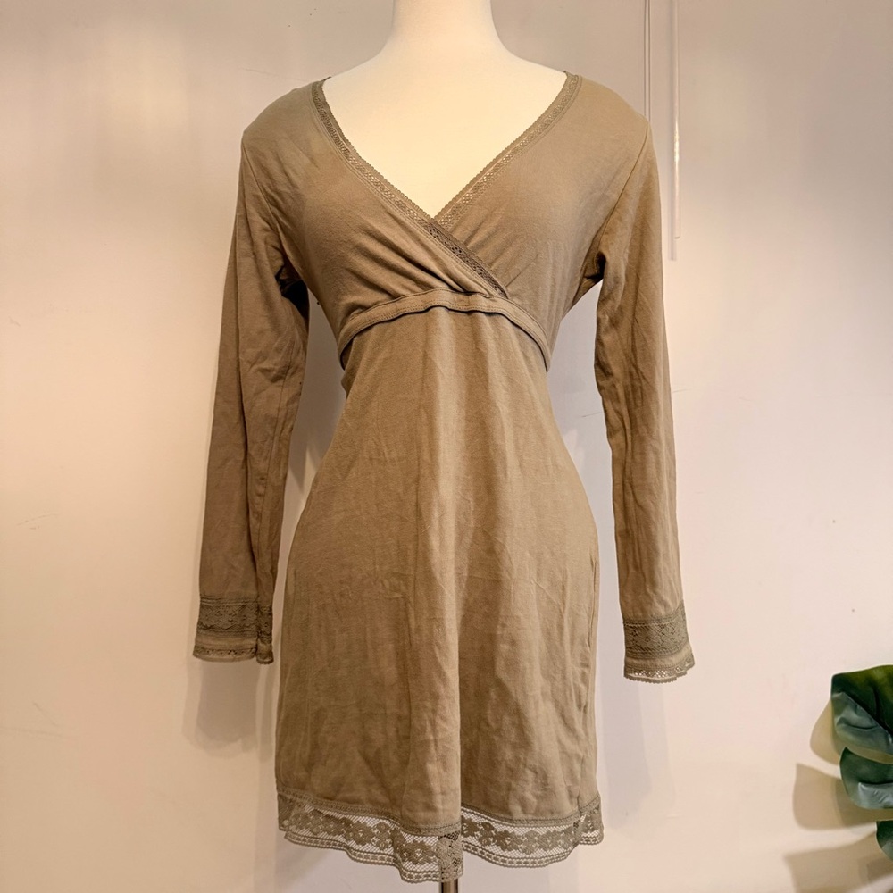 Hunkemöller Khaki Lace-Trim Sleep Dress with Waist Tie – Size M